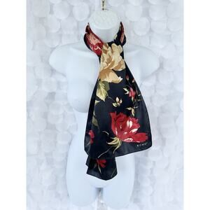 ECHO vintage Silk Scarf Black Red BIG Peony Floral Old Money Oblong Elegant